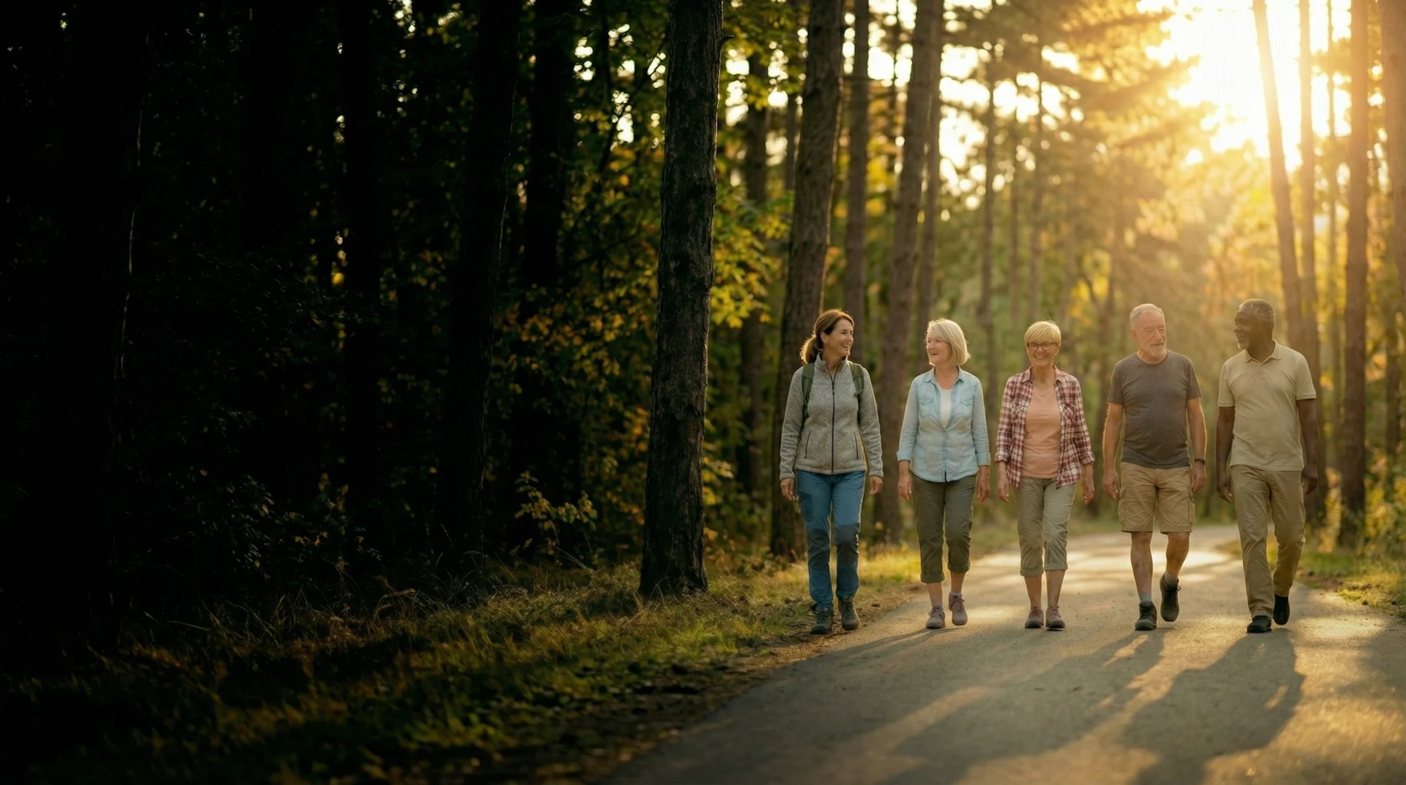 Group of happy seniors walking together on a sunny park path