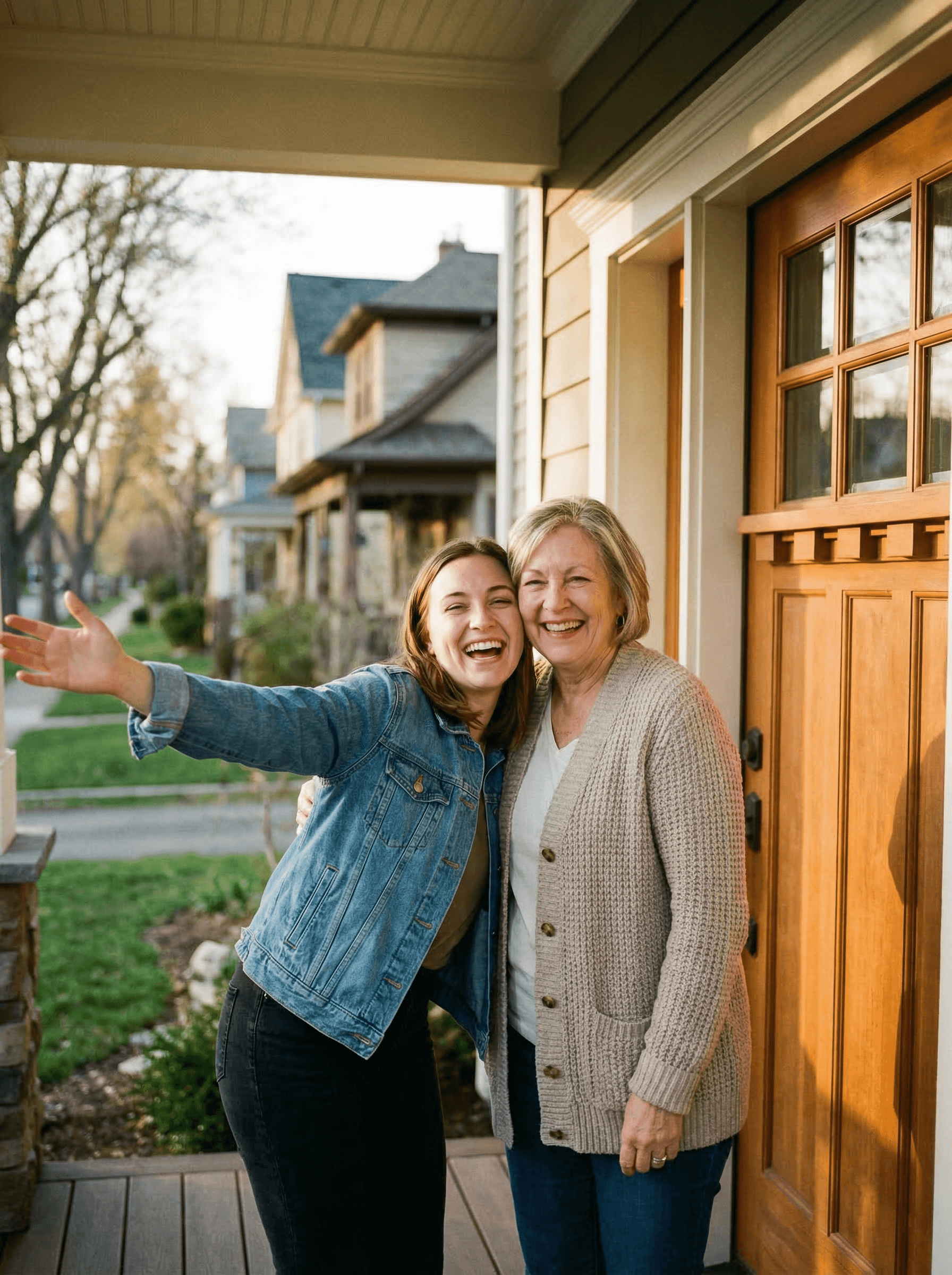 A Stroll guide warmly greeting a member at her front door